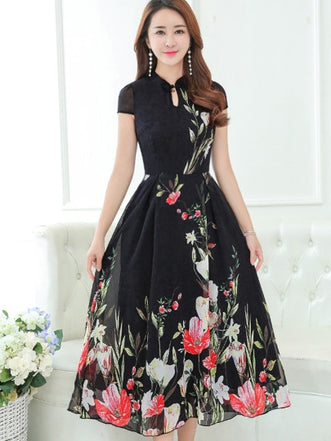Cloth Cap Sleeve Mandarin Collar Women's Maxi Dress