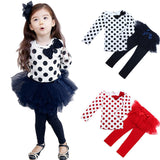 Girl Long Sleeve Polka Dot Long Sleeve Shirt+ Bubble Skirt Pant 1 set