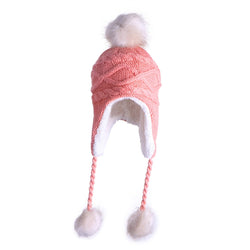 Hat Cute Winter Warm Knit Wool Hat Dual Ball Ear Flap with Pom - S